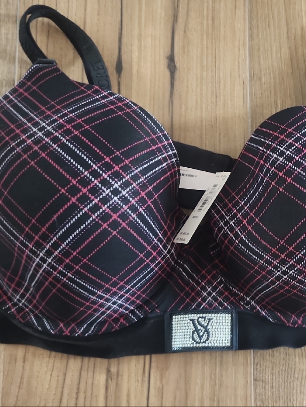 Victoria's Secret Black Plaid Push-Up Bra with Pink and White Accents